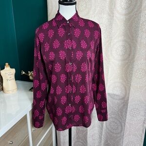 J. Crew Burgundy Pink Fern Printed Long Sleeve Collared Button Cotton Shirt Sz 0
